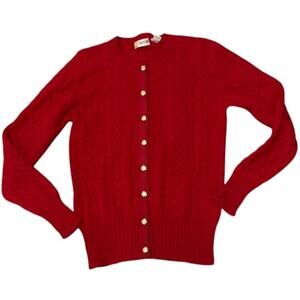 Vintage Red Wool Cable Knit Cardigan ASTON Gold Buttons S
